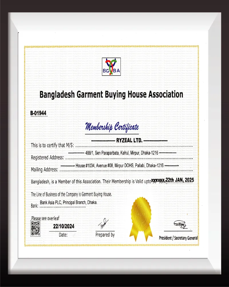 BGBA Membership Certificate of RYZEAL SOURCING, a clothing manufacturer and apparel sourcing company in Bangladesh, issued by Bangladesh Garment Buying House Association.