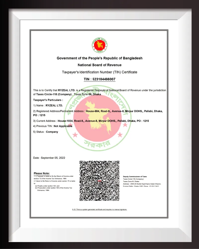 Taxpayer Identification Number (TIN) certificate of RYZEAL SOURCING, a clothing manufacturer and apparel sourcing company in Bangladesh, issued by the National Board of Revenue.