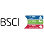 BSCI certification logo with ISO 9001 Quality, ISO 14001 Environment, and ISO 45001 Health & Safety standards.